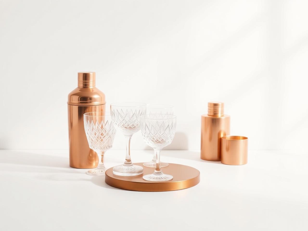 Premium crystal glassware and copper cocktail shakers